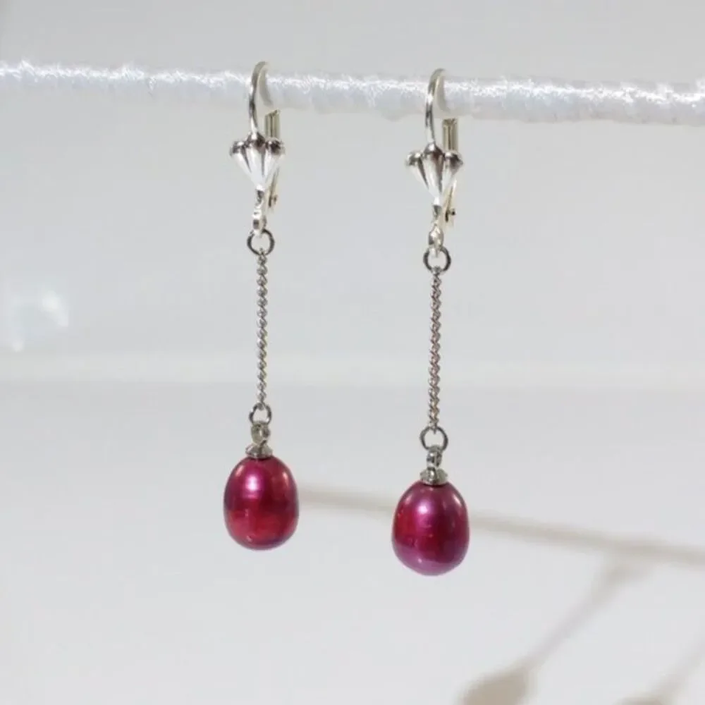 Plum Color Pearl Dangle Earrings